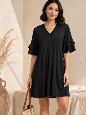 Penny Black Stretch Travel Resort Dress Black Ruffle Sleeve Beach Cover Up Small